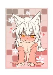 Rule 34 | all fours, animal ears, blush, breasts, chibi, cleavage, commentary request, fox ears, fox girl, fox tail, hair between eyes, heart, highres, kohaku (yua), large breasts, long sleeves, looking at viewer, nude, orange eyes, original, slit pupils, solo, tail, thick eyebrows, tongue, tongue out, white hair, yua (checkmate)