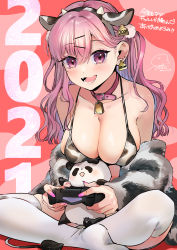 Rule 34 | 1girl, 2021, absurdres, animal ears, animal print, bell, bikini, breasts, chinese zodiac, cleavage, controller, cow ears, cow print, cowbell, dualshock, fingernails, game console, game controller, gamepad, geshumaro, gradient hair, gyaru gamer ni home raretai, gyarugema ni home raretai, highres, large breasts, long hair, multicolored hair, nail polish, no shoes, panda, pink eyes, pink hair, pink nails, playing games, playstation 4, playstation controller, purple hair, smile, solo, suzuki rion, swimsuit, thighhighs, twintails, white thighhighs, year of the ox