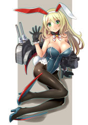 Rule 34 | 10s, 1girl, adapted costume, alternate costume, animal ears, arm support, atago (kancolle), bare shoulders, black gloves, black pantyhose, blush, bow, bowtie, breasts, cleavage, detached collar, fake animal ears, full body, gloves, green eyes, high heels, kantai collection, katahira masashi, large breasts, leotard, long hair, looking at viewer, outside border, pantyhose, playboy bunny, rabbit ears, rabbit tail, simple background, smile, solo, tail, wrist cuffs