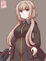 Rule 34 | 1girl, alternate costume, artist logo, blonde hair, blue eyes, breasts, brown background, brown dress, collared dress, dress, gradient background, gun, kanon (kurogane knights), kantai collection, large breasts, light brown hair, long hair, low twintails, marfusha, maryland (kancolle), pocket, shotgun, solo, twintails, weapon