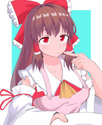 Rule 34 | 1girl, apron, ascot, blue background, blush, bow, breasts, brown hair, chinese commentary, closed mouth, commentary, cookie (touhou), cowboy shot, detached sleeves, frilled bow, frilled shirt collar, frills, hair bow, hakurei reimu, highres, kanna (cookie), long hair, looking at viewer, medium breasts, nekokatana catana, pink apron, pointing, pointing at self, red bow, red eyes, red shirt, ribbon-trimmed sleeves, ribbon trim, shirt, sleeveless, sleeveless shirt, solo, touhou, two-tone background, white background, white sleeves, yellow ascot