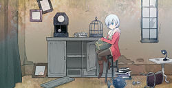 Rule 34 | 1girl, blue eyes, boots, clock, inuinui, jacket, original, pectorals, silver hair, sitting, skirt, solo, table, treasure chest, window