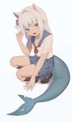 Rule 34 | 1girl, absurdres, animal ears, arm support, bandaid on tail, black footwear, black socks, blue eyes, blue hair, blunt bangs, blush, cat ears, collarbone, commentary, dice hair ornament, dress, extra ears, fang, fins, fish tail, frost 002, gawr gura, hair ornament, hand up, highres, hololive, hololive english, loafers, long hair, looking at viewer, multicolored hair, necktie, one side up, open mouth, pleated skirt, red necktie, sailor dress, school uniform, shark girl, shark tail, shoes, short sleeves, sidelocks, simple background, skirt, smile, socks, solo, squatting, streaked hair, symbol-only commentary, tail, thighs, virtual youtuber, white background, white hair