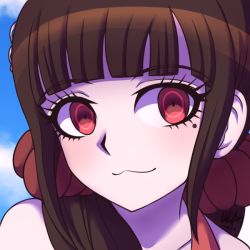 Rule 34 | 1girl, 2021, :3, blue background, brown hair, commentary, danganronpa (series), danganronpa v3: killing harmony, day, english commentary, hair ornament, hairclip, harukawa maki, inglebard, long hair, looking at viewer, low twintails, mole, mole under eye, outdoors, pale skin, portrait, red eyes, red scrunchie, scrunchie, signature, smile, solo, twintails