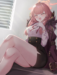 Rule 34 | 1girl, aru (blue archive), black skirt, blue archive, blunt bangs, blush, closed eyes, coat, crossed legs, fur collar, fur trim, gloves, habu rin, halo, highres, horns, long sleeves, open mouth, pink hair, shirt, shirt tucked in, sitting, skirt, smile, solo, thighs, white gloves, white shirt
