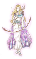 Rule 34 | 1990s (style), 1girl, arrow (projectile), blonde hair, bow (weapon), cape, female focus, final fantasy, final fantasy iv, final fantasy iv: the after years, full body, gradient background, long hair, naa (54891637), quiver, retro artstyle, robe, rosa farrell, sandals, solo, weapon, white background