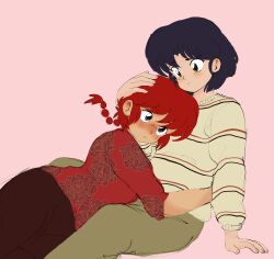Rule 34 | 2girls, absurdres, blue eyes, blush, commentary, english commentary, hair between eyes, highres, hug, light smile, looking at another, multiple girls, pink background, plushkaiju, ponytail, ranma-chan, ranma 1/2, red hair, short hair, simple background, sweater, tendou akane, yuri