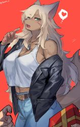 Rule 34 | 1girl, animal nose, bare shoulders, belt, black jacket, blonde hair, blue pants, character request, commentary request, furry, furry female, gift, green eyes, half-closed eyes, heart, highres, jacket, jewelry, long hair, necklace, open mouth, pants, pov, pov hands, red background, shirt, simple background, sleeveless, sleeveless shirt, snout, solo focus, suurin (ksyaro), sweatdrop, thought bubble, valentine, white shirt