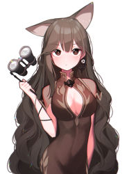 Rule 34 | 1girl, absurdres, beudelb, binoculars, blush, breasts, brown dress, brown eyes, brown hair, china dress, chinese clothes, cleavage, cleavage cutout, clothing cutout, cowboy shot, dress, highres, holding, holding binoculars, large breasts, long hair, looking at viewer, original, sideboob, simple background, sleeveless, sleeveless dress, solo, very long hair, wavy hair, white background