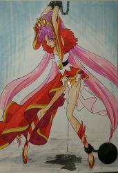 Rule 34 | 1girl, absurdres, akagi towa, ashigaki radar, ball and chain restraint, bdsm, belt, black belt, blue background, blush, bondage, bound, breasts, censored, chain, choker, collarbone, cuffs, cure scarlet, detached sleeves, dress, earrings, go! princess precure, handcuffs, head wings, high heels, highres, jewelry, long hair, long sleeves, looking at viewer, no panties, parted lips, peeing, pointy ears, ponytail, precure, puddle, purple hair, pussy, red dress, red eyes, red footwear, shoes, small breasts, standing, sweat, teeth, trembling, wide sleeves, wings
