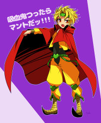 Rule 34 | 1boy, age regression, aged down, bad id, bad pixiv id, blonde hair, cape, dio brando, fangs, headband, heart, jacket, jojo no kimyou na bouken, knee pads, male focus, pointy footwear, red eyes, shoes, simple background, solo, translation request, ty 1865, yellow jacket