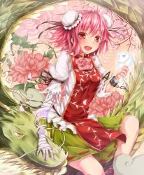 Rule 34 | 1girl, :d, amputee, bandages, blush, bun cover, chain, cherry blossoms, cuffs, dabadhi, double bun, dragon, eastern dragon, false arm, false limb, female focus, flower, highres, hitodama, ibaraki kasen, looking at viewer, md5 mismatch, open mouth, petals, pink eyes, pink flower, pink hair, pink rose, rose, shackles, short hair, smile, solo, tabard, touhou