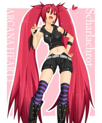 Rule 34 | 1girl, alternate costume, aq interactive, arcana heart, arcana heart 3, atlus, character name, copyright name, examu, long hair, najaran (pixiv), pointing, red hair, scharlachrot, solo, striped clothes, striped thighhighs, suzuna (najaran), thighhighs, twintails