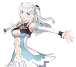 Rule 34 | 1girl, :d, altina (shining blade), armpits, blue eyes, breasts, center opening, cleavage cutout, clothing cutout, detached sleeves, dress, elf, midriff, official art, open mouth, outstretched arms, pointy ears, sega, shining (series), shining blade, skirt, smile, tony taka, white hair