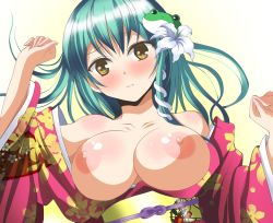 Rule 34 | 1girl, blush, breasts, breasts out, deego (omochi bazooka), female focus, flower, flower on head, green hair, hair flower, hair ornament, huge breasts, japanese clothes, kimono, kochiya sanae, lily (flower), looking at viewer, nipples, no bra, obi, open clothes, open kimono, sash, solo, touhou, upper body, yellow eyes