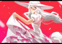 Rule 34 | 1girl, albino, alternate color, clothes lift, frills, getiao, hat, letterboxed, long hair, looking back, puffy sleeves, red eyes, shadow lady (yume 2kki), short sleeves, skirt, skirt lift, wind, yume 2kki
