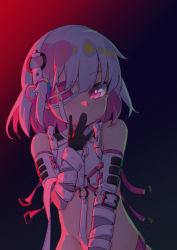 Rule 34 | 1girl, bare shoulders, black gloves, commentary request, covered mouth, crop top, detached sleeves, dohna dohna issho ni warui koto o shiyou, eyepatch, gloves, hand up, highres, ling huanxiang, long sleeves, looking at viewer, multicolored hair, o-ring, pink hair, porno (dohna dohna), purple eyes, shirt, silver hair, sleeveless, sleeveless shirt, solo, two-tone hair, upper body, white shirt, white sleeves