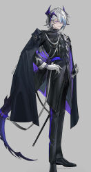 Rule 34 | 1boy, absurdres, aiguillette, arknights, artist name, belt, black cape, black footwear, black jacket, black pants, blue hair, braid, cape, commentary request, dragon boy, dragon tail, earrings, full body, gloves, grey background, grey hair, hair between eyes, hand on own hip, highres, horns, jacket, jewelry, kaninn, long hair, looking at viewer, male focus, multicolored hair, pants, purple belt, purple eyes, purple horns, purple sash, puzzle (arknights), rapier, sash, sheath, sheathed, shoes, simple background, single braid, smile, solo, standing, streaked hair, sword, tail, tail belt, twitter username, two-sided cape, two-sided fabric, weapon, white gloves