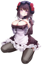 Rule 34 | 1girl, apron, bad id, bad twitter id, between breasts, black choker, black dress, black hair, black thighhighs, breasts, choker, cleavage, dress, flower, frilled dress, frills, grin, hair flower, hair ornament, hands on own chest, hands up, highres, kitagawa marin, kuroe shizuku, large breasts, looking at viewer, maid, maid apron, maid headdress, medium hair, purple eyes, rable, rose, seiza, simple background, sitting, smile, solo, sono bisque doll wa koi wo suru, thighhighs, white background