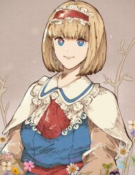 Rule 34 | 1girl, alice margatroid, ascot, blonde hair, blue dress, blue eyes, bob cut, capelet, dress, flower, frilled ascot, frilled dress, frills, highres, lips, long sleeves, oftooon, red ascot, short hair, smile, solo, touhou, white capelet
