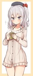 Rule 34 | 10s, 1girl, :o, bad id, bad twitter id, beret, blush, border, bottomless, bow, buttons, collarbone, cup, gluteal fold, hat, hat bow, highres, holding, holding cup, jacket, kantai collection, kashima (kancolle), long sleeves, nonono (mino), parted lips, short hair, silver hair, simple background, solo, standing, striped, thigh gap, tsurime, two side up, vertical stripes, white background, yellow border