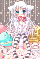 Rule 34 | 1girl, animal ears, blue eyes, blush, candy, cat ears, cat tail, commentary request, food, happy valentine, heart, highres, long hair, looking at viewer, meiya neon, original, pancake, socks, solo, striped clothes, striped socks, striped thighhighs, tail, thighhighs, very long hair, white hair