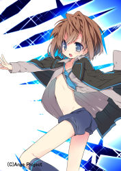 Rule 34 | 1girl, androgynous, ange vierge, black cape, black socks, blue eyes, blue necktie, blue shorts, blush, breasts, brown hair, cape, collarbone, feet out of frame, highres, kiyokawa saki, kneehighs, knees up, looking ahead, loose necktie, messy hair, nakamura sandayo, navel, necktie, open clothes, open mouth, open shirt, puffy shorts, reaching, reaching towards viewer, short hair, short shorts, shorts, small breasts, socks, solo, unbuttoned, unbuttoned shirt, underboob, wind