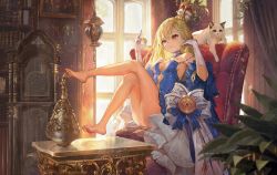 Rule 34 | 1girl, absurdres, ass, bare legs, barefoot, blonde hair, blue dress, blurry, blurry foreground, braid, breasts, cat, cleavage, clock, closed mouth, crown, depth of field, dress, expressionless, full body, gloves, grandfather clock, highres, holding, indoors, interior, crossed legs, long hair, masterwork apocalypse, messikid, red eyes, reflection, short dress, side braid, sitting, small breasts, solo, white gloves