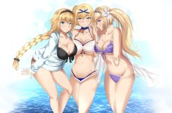 Rule 34 | 3girls, absurdres, adone (pluemza021), azur lane, bare shoulders, bikini, bikini under clothes, black bikini, black hairband, blonde hair, blue bikini, blue eyes, blush, braid, breasts, cleavage, collarbone, cross, crossover, fate (series), granblue fantasy, hairband, highres, hood, hood down, hoodie, jeanne d&#039;arc (azur lane), jeanne d&#039;arc (fate), jeanne d&#039;arc (granblue fantasy), jeanne d&#039;arc (ruler) (fate), jeanne d&#039;arc (saintess of the sea) (azur lane), jeanne d&#039;arc (swimsuit archer) (fate), jeanne d&#039;arc (swimsuit archer) (first ascension) (fate), large breasts, long braid, long hair, looking at viewer, multiple crossover, multiple girls, name connection, navel, official alternate costume, see-through, side-tie bikini bottom, side ponytail, single braid, smile, swimsuit, wet, white bikini, white hoodie