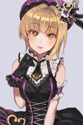 Rule 34 | 1girl, black dress, black gloves, black necktie, blonde hair, breasts, commentary request, cross-laced clothes, dress, floral print, gloves, grey background, hand up, hat, head tilt, heart, highres, idolmaster, idolmaster cinderella girls, idolmaster cinderella girls starlight stage, medium breasts, miyamoto frederica, necktie, parted lips, pink hat, print gloves, rose print, ryokucha manma, short hair, short necktie, simple background, sleeveless, sleeveless dress, solo, yellow eyes