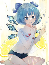 Rule 34 | 1girl, absurdres, barefoot, blue bow, blue eyes, blue hair, blue shorts, blush, bow, camisole, cirno, collarbone, fairy, grin, hair bow, highres, ice, ice wings, short hair, shorts, smile, solo, touhou, white camisole, wings, yurara (aroma42enola)