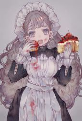 Rule 34 | 1girl, black dress, blueberry, cake, cha goma, commentary request, dress, eating, fangs, food, food on clothes, fruit, gloves, grey background, grey eyes, grey hair, highres, holding, holding food, long hair, long sleeves, looking at viewer, maid, maid headdress, open mouth, original, puffy long sleeves, puffy sleeves, simple background, sleeves past wrists, solo, strawberry, teeth, upper teeth only, very long hair, white gloves