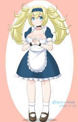 Rule 34 | 1girl, alternate costume, apron, blonde hair, blouse, blue dress, blue eyes, blue hairband, breasts, brown footwear, dated, dress, enmaided, gambier bay (kancolle), hairband, kantai collection, large breasts, looking at viewer, maid, masara (chuujou), one-hour drawing challenge, shirt, smile, socks, solo, twintails, twitter username, two-tone background, waist apron, white apron, white shirt, white socks