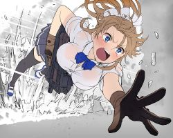 Rule 34 | 1girl, black thighhighs, blonde girl (itou), blonde hair, blue eyes, breasts, brown gloves, bullpup, cleavage, dodging, emphasis lines, explosion, gloves, gun, horizontal magazine, itou (onsoku tassha), jumping, large breasts, notebook, open mouth, p90, personal defense weapon, ponytail, reaching, reaching towards viewer, school uniform, see-through, short sleeves, solo, submachine gun, swat, sweatdrop, tears, thighhighs, translucent, trigger discipline, unbuttoned, weapon, wide-eyed
