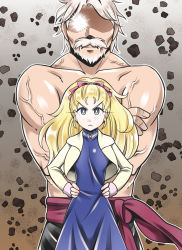 Rule 34 | 1990s (style), 1boy, 1girl, bad id, bad pixiv id, beard, blonde hair, crossed arms, facial hair, father and daughter, final fantasy, final fantasy v, galuf halm baldesion, glowing, glowing eyes, grey hair, hands on own hips, krile mayer baldesion (ff5), looking at viewer, muscular, mustache, sash, veins, yakisobapan tarou &amp; negitoro-ko