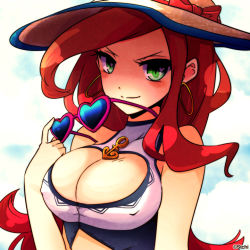 Rule 34 | 1girl, bare shoulders, breasts, cleavage, cleavage cutout, clothing cutout, earrings, covered erect nipples, green eyes, hat, hat ribbon, heart, heart-shaped eyewear, heart-shaped glasses, heart-shaped pupils, heart-shaped sunglasses, hoop earrings, jewelry, large breasts, league of legends, long hair, looking at viewer, pool party miss fortune, red hair, ribbon, miss fortune (league of legends), solo, stchi.wong, symbol-shaped pupils