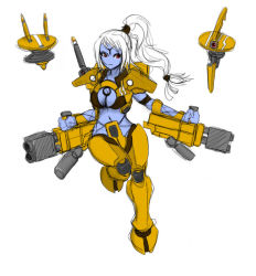 Rule 34 | 1girl, alien, armor, blue skin, colored skin, drone, gun, hip focus, no nose, red eyes, shas&#039;o shaserra, solo, t&#039;au, tau drone, warhammer 40k, weapon, white hair, whonz, wide hips