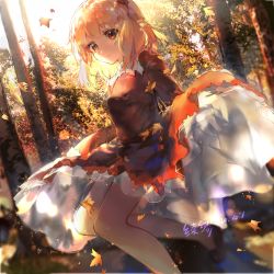 Rule 34 | 1girl, aki shizuha, artist name, autumn, autumn leaves, blonde hair, blurry, blurry background, bokeh, brown eyes, clothes lift, commentary, dated, depth of field, dress, dutch angle, foot out of frame, forest, hair ornament, highres, leaf, leaf hair ornament, lifted by self, ling mou, looking at viewer, maple leaf, nature, one side up, parted lips, petticoat, photo background, red dress, short hair, sketch, skirt, skirt lift, solo, standing, standing on one leg, symbol-only commentary, touhou