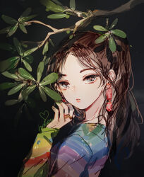 Rule 34 | 1girl, animification, black background, branch, brown hair, close-up, commentary, dress, earrings, english commentary, hrd0c, irene (red velvet), jewelry, k-pop, long hair, looking at viewer, multicolored clothes, multicolored dress, ponytail, real life, red velvet (group), ring, sidelocks, signature, solo, upper body