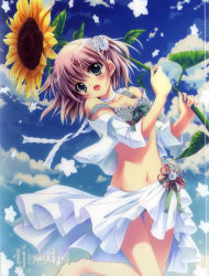 Rule 34 | 1girl, :o, absurdres, bare shoulders, barefoot, bikini, blush, bow, breasts, brown hair, character request, cloud, collarbone, day, earrings, flower, green eyes, groin, hair flower, hair ornament, highres, holding, image sample, izumi tsubasu, jewelry, looking at viewer, navel, open clothes, open mouth, open shirt, polka dot, polka dot bikini, polka dot swimsuit, purple hair, sarong, shiny skin, shirt, short hair, sky, small breasts, solo, standing, standing on one leg, strap slip, sunflower, swimsuit, thigh gap, wind