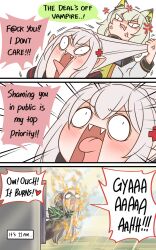 Rule 34 | 2girls, anger vein, animal ear fluff, animal ears, arknights, blush, braid, censored text, comic, crown braid, day, dress, english text, fangs, fire, grabbing another&#039;s hair, green dress, grey hair, guin guin, hair between eyes, hair ornament, highres, jacket, kal&#039;tsit (arknights), long hair, long sleeves, mon3tr (arknights), multiple girls, open mouth, pointy ears, profanity, puffy long sleeves, puffy sleeves, smoke, sunlight, tongue, tongue out, warfarin (arknights), white jacket