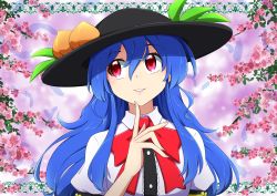 Rule 34 | 1girl, absurdres, artist name, black hat, blue hair, bow, bowtie, buttons, eyes visible through hair, feathers, floral background, flower, food, fruit, hand on own face, hat, highres, hinanawi tenshi, leaf, long hair, neck ribbon, peach, rakkidei, red bow, red eyes, ribbon, shirt, short sleeves, touhou, twitter username, upper body, white shirt