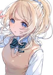 1girl arm_up ayase_eli blonde_hair blue_eyes bow bowtie breasts closed_mouth collared_shirt diagonal-striped_bow diagonal-striped_bowtie diagonal-striped_clothes dress_shirt floating_hair green_bow green_bowtie hair_ornament hair_scrunchie highres large_breasts long_hair love_live! love_live!_school_idol_project otonokizaka_school_uniform ponytail rinrin_johann school_uniform scrunchie shirt short_sleeves solo striped_clothes summer_uniform sweater_vest upper_body water_drop white_background white_scrunchie white_shirt yellow_sweater_vest