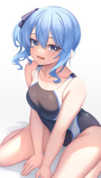 Rule 34 | 1girl, :d, absurdres, alternate costume, aoi zerii, between legs, black one-piece swimsuit, blue eyes, blue hair, blue ribbon, blush, breasts, commentary, competition swimsuit, double-parted bangs, hair between eyes, hair ribbon, hand between legs, highres, hololive, hoshimachi suisei, looking at viewer, medium breasts, one-piece swimsuit, open mouth, ribbon, side ponytail, sidelocks, simple background, sitting, smile, solo, star (symbol), star in eye, swimsuit, symbol in eye, thighs, two-tone swimsuit, virtual youtuber, wariza, white background, white one-piece swimsuit
