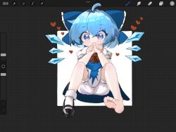 Rule 34 | 1girl, art program in frame, barefoot, black footwear, bloomers, blue bow, blue dress, blue eyes, blue hair, blush, bow, canvas (object), cirno, collared shirt, dress, hair between eyes, hair bow, highres, ice, ice wings, kuzucirno, looking at viewer, mary janes, neck ribbon, outside border, pinafore dress, puffy sleeves, red ribbon, ribbon, shirt, shoes, short hair, single shoe, sleeveless, sleeveless dress, socks, solo, touhou, underwear, white shirt, white socks, wing collar, wings