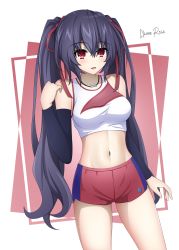 Rule 34 | absurdres, akane rose, arm warmers, armwarmers, bare shoulders, belly, black hair, breasts, elbow sleeve, happy, highres, jewelry, long hair, medium breasts, midriff, navel, necklace, neptune (series), noire (neptunia), open mouth, red background, red eyes, ribbon, short shorts, shorts, sports bra, thighs, tsundere, twintails, very long hair