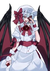 Rule 34 | 1girl, absurdres, artist name, bat wings, blood, blood on clothes, blood on face, blood on hands, blue hair, bow, hat, highres, himadera, jacket, large wings, mob cap, open mouth, red bow, red eyes, remilia scarlet, short hair, short sleeves, skirt, smile, solo, touhou, white background, white hat, white jacket, white skirt, wings