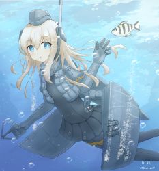 Rule 34 | 1girl, 1other, absurdres, air bubble, black bodysuit, blonde hair, blue eyes, bodysuit, bubble, commentary request, cropped jacket, diving suit, fish, garrison cap, hat, highres, kancolle arcade, kantai collection, long hair, long sleeves, looking at viewer, machinery, military, military uniform, pale skin, puffy long sleeves, puffy sleeves, shonasan, snorkel, u-511 (kancolle), underwater, uniform, waving, wetsuit