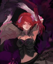 Rule 34 | 10s, 1girl, breasts, cleavage, elbow gloves, female focus, gloves, granblue fantasy, hair ornament, lady grey, large breasts, lips, looking away, looking to the side, mature female, navel, nirco, parted lips, pink eyes, red eyes, red hair, short hair, skeleton, solo, upper body, white gloves