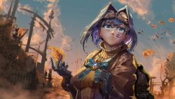 Rule 34 | 1girl, autumn leaves, blue hair, cloud, empikuro, frostpunk, gloves, goggles, hair intakes, highres, holocouncil, hololive, hololive english, ouro kronii, ribbon, short hair, sky, solo, virtual youtuber